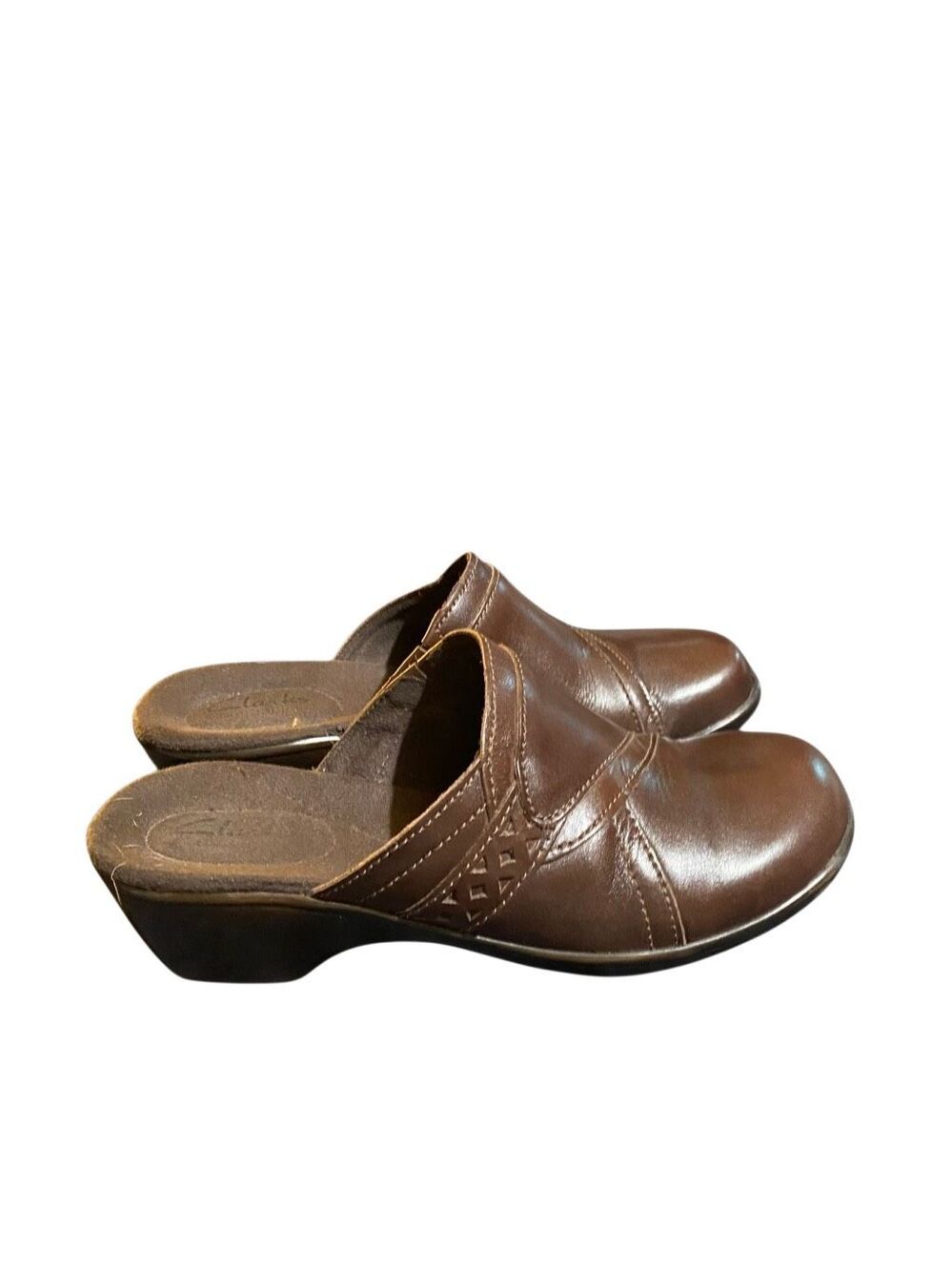 Clarks women’s leather mule clog slip on comfort shoe brown 6.5